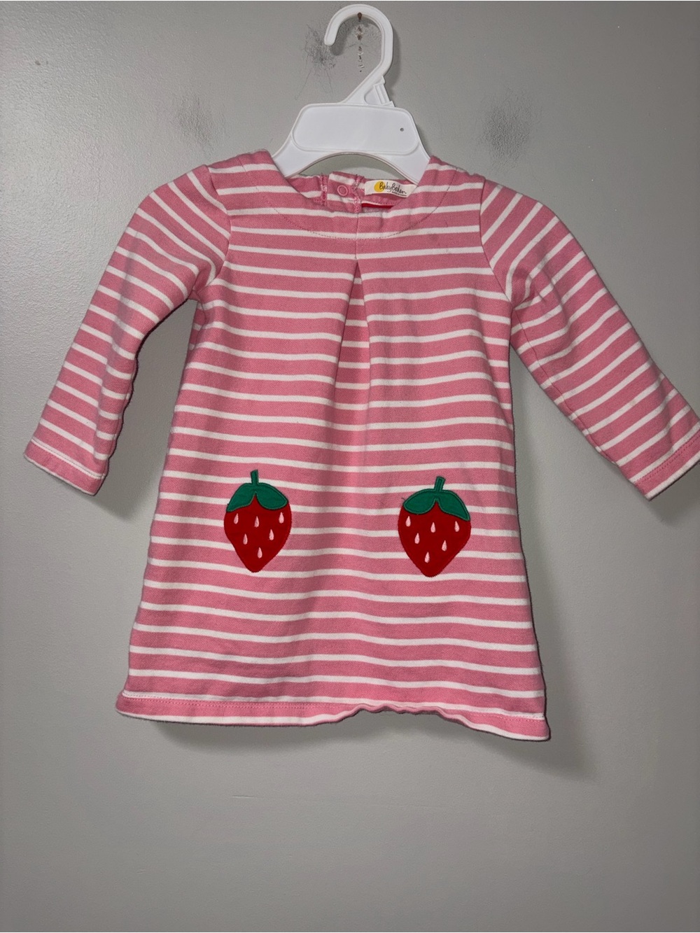 Baby Boden Pink White Striped Long Sleeve Knit Strawberry Appliqué Dress 18-24 M